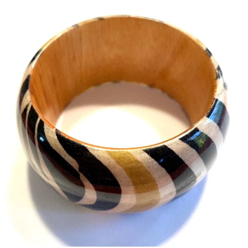 Wooden Bracelet Y2K Wide Domed Bangle Animal Print Tan Black Cream Wood Fashion